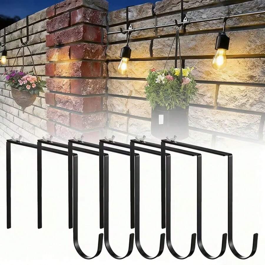 6pcs Adjustable Outdoor Light String Hooks - No Drill Installation, Heavy-Duty Metal Hangers For 6-11 Inch Concrete Cinder Block Walls & Fences, Weatherproof Hanging Brackets For Garden Decor, Outdoor Lights For Garden - Black - View 1