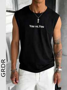 GRDR Men's Summer Casual Letter Print Sleeveless Round Neck Tank Top, Suitable For Sports, Fitness And Daily Wear - Black - View 2