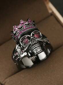 1 件男士个性化皇冠骷髅设计奢华合成方晶锆石装饰复古朋克铜戒指 - 时尚精致成人珠宝 - 摩托车 - 万圣节 - 复活节 - 父亲节礼物 - 周年纪念礼物 - 酒紅色 - 查看 8