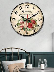 Relógio de Parede de Madeira Floral Vintage - Silencioso Sem Tique-Taque, Números Romanos e Mostrador Floral, Decoração Rústica com Rosas Rosa/Vermelhas - Alimentado por Bateria (AA não incluída) - Para Sala de Estar, Cozinha, Quarto - Disponível em 10/12 Polegadas - Presente de Aniversário/Casamento/Inauguração da Casa, Estética Rústica, Detalhes Decorativos - Multicolorido - Visão 1