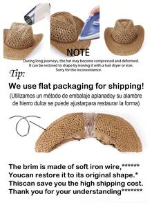 1顶复古镂空宽檐草帽,男女通用户外旅行沙滩遮阳帽,手工编织透气西部牛仔巴拿马帽,春夏款 - 鏤空草帽 - 查看 4