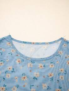 Acelitt 女士复古印花透视网纱性感修身长袖圆领上衣，海湾绿，度假风，秋季休闲春季 - 藍色 - 查看 6