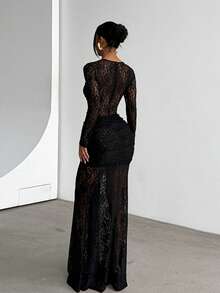 夏季女士优雅蕾丝纯色透视长款连衣裙，适合度假、约会、情人节、婚礼宾客等场合，黑色连衣裙，春季款 - 黑色 - 查看 6