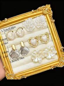 5 Pairs Elegant Sweet Drip Glaze Heart & Camellia Flower Shell Minimalist Luxury Cute High-End Design Stud Earrings Set, Suitable For Women, Valentine's Day, Daily Wear, Festivals - Set a - View 8