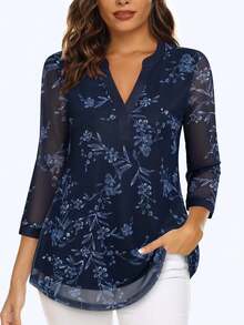 CheersLife Áo kiểu nữ cỡ lớn cổ chữ V tay lỡ 3/4, chất liệu lưới hai lớp, thắt eo phía trước, thích hợp cho kỳ nghỉ xuân. - Màu xanh hải quân - Xem 1