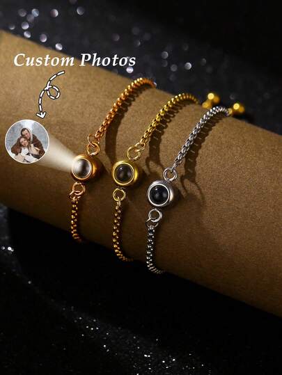 1pc Customized Projection Bracelet, Stainless Steel Round Photo Bracelet With Extension Chain, Christmas Gift, Red Fashion, Autumn Fashion, Casual, Minimalist, Unisex, Fashion, Colorful, Retro, Minimalist, Unisex, Casual, Cute, Customized, Personalized, Unique, Ideal Gift For Him, Ideal Gift For Her, Boyfriend, Girlfriend, Dad, Mom, Family, Friends, Anniversary, Birthday, Graduation, New Year Charm