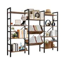 Estanterías y libreros estantería industrial triple de 4 niveles, con estantes abiertos para tocadiscos con marco de metal para sala de estar y oficina en casa, color marrón vintage - Caqui - Ver 2