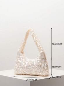 Solid Fluffy Soft Candy Color Satchel Bag, Y2K Style Faux Fur Tote Bags For Ladies, Party Bag, Party Dresses For Women, Winter Fur Purse, Suitable For Commuting, Work, Gatherings, Parties, Perfectly Matching With Fall Outfits Womenfall Clothes For Women, New Arrival Fur Bag For Women - 米色 - 查看 5