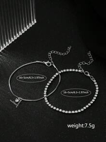 Tkool 2pcs/Set Women's Fashion Bracelet Set, Featuring Cubic Zirconia Claw Chain And Venetian Copper Chain With Heart-Shaped Zirconia Pendant Bracelet, Suitable For Daily Wear - Silver - View 2