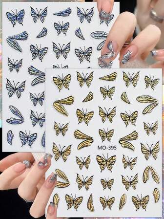 2/4 ark 5D fjärilsnagelkonstklistermärken guld silver holografiska fjärilsnageldekaler för glamourös gör-det-själv-manikyr