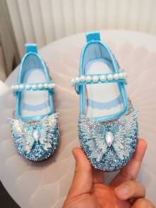 1 Pair Girls' Multi-Color Rhinestone Butterfly Princess Shoes, Pearl Decor Soft Bottom Shoes, Suitable For Spring, Summer, Graduation Party, Performance, Fashionable Little Shoes - Blue - View 1