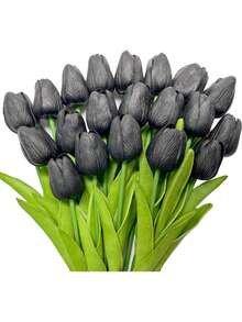 5支浪漫高级仿真花卉摆件，逼真触感郁金香丝绸花束，适用于婚礼、房间、家居、酒店、派对、活动、新年礼物、手持花艺摆件，可用于情人节、婚礼/家居/卧室/客厅/餐桌装饰/新娘捧花/户外花园等场合。 - 黑色 - 查看 9