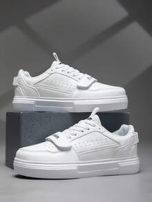 Men's Skateboard Shoes, Round Toe Hook And Loop Casual Shoes, Thick Sole Comfortable Versatile Men's Shoes, Fastener Lace-Up Sneakers - White - View 4