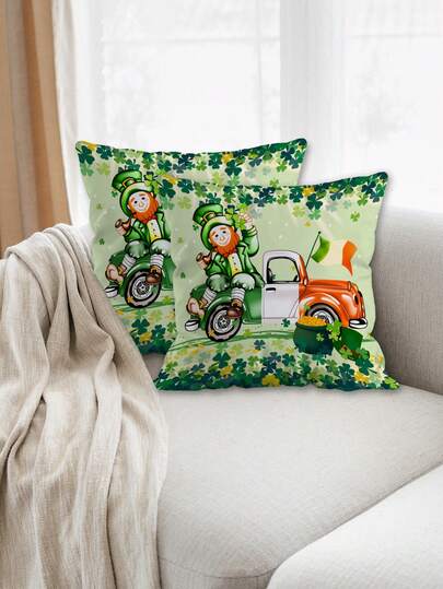Conjunto de 2 capas de almofada para o Dia de São Patrício, com estampa de duende, caminhão, pote de ouro e trevo, 45x45 cm, para decoração de festas, casa, reuniões familiares e quarto infantil - sem enchimento.