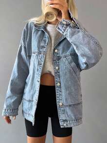 Women's Soft Oversized Denim Jean Jacket, Women's Spring Fashion Light Blue Comfortable Pocketed Outwear, Timeless Light Wash Relaxed Zip-Up Sports Jacket For Daily Layering, Western & Valentine/Christmas/New Years Outfit, Women Curve-Flattering Spring Summer Holiday Gift - 淺藍色 - 查看 3
