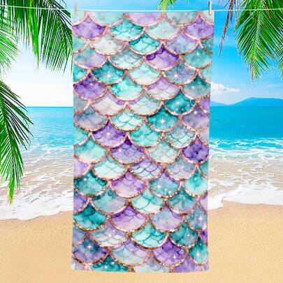 1条水彩美人鱼鳞片沙滩巾，超大超细纤维沙滩毯，超强吸水浴巾，适合旅行、游泳池、潜水、冲浪、瑜伽、露营，多种尺寸可选，沙滩用品，适用于海滩、泳池、旅行、露营、瑜伽等场合，也可作为浴室装饰。