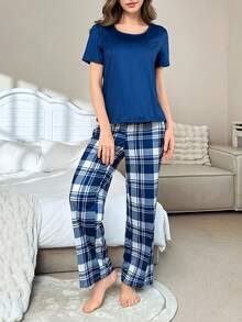 Conjunto de pijama de 2 piezas con top de manga corta azul y pantalón a cuadros para mujer - Azul - Ver 2