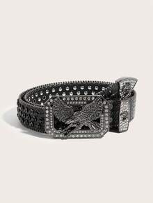 1pc Men's Heavy-Duty Rhinestone Studded Belt, Suitable For Daily, Party And Gathering Wear - Black - View 8