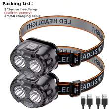1/2pcs LED Sensor Headlamp, USB Rechargeable Bright Sensor Flashlight, Waterproof Headlight For Fishing, Camping - Black - View 10