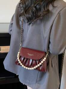 Bolso de hombro para mujer, elegante y de moda, con volantes de perlas de lujo, adecuado para compras, ir al trabajo, citas, fiestas, con bolsillo para teléfono - Burdeos - Ver 4