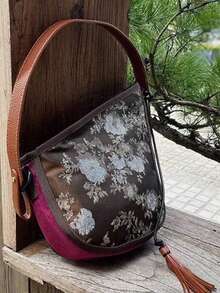 1个复古花卉印花流苏单肩包，波西米亚风格不规则拼接刺绣手提包，适合通勤、街头、旅行、艺术风格，适合森林女孩、时尚年轻女性、爱好者、领导者 - 棕色 - 查看 3