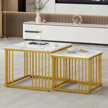 High-Gloss Square Version Marble Optical Sofa Table, Table That Can Slide One On Top Of The Other With A Gold Base, The Dimensions Are 60 * 60 * 45 Cm And 45 * 45 * 40 Cm.