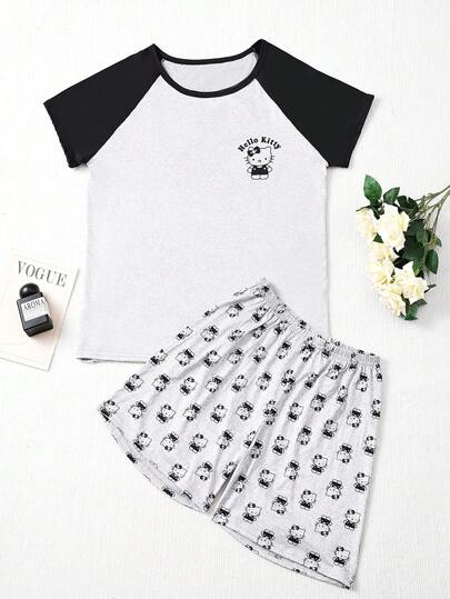 SANRIO 2pcs Women's Pajama Set, Minimalist Gray, Cartoon Print Short Sleeve Top + Shorts, Comfortable Loungewear, Soft & Breathable, Suitable For Daily Casual/Home Relaxation, Adorable Design