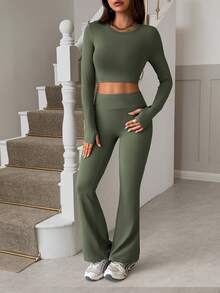 Vaiaye Damen 2-teiliges Set, Y2K Lässig Loungewear, Outdoor Sport, Yoga, Formwäsche, einfarbiger gestrickter Rundhals-Langarmoberteil und figurformende enge Hose. Geeignet für Valentinstag, Karnevals-Party-Outfits - Grün - Übersicht 9