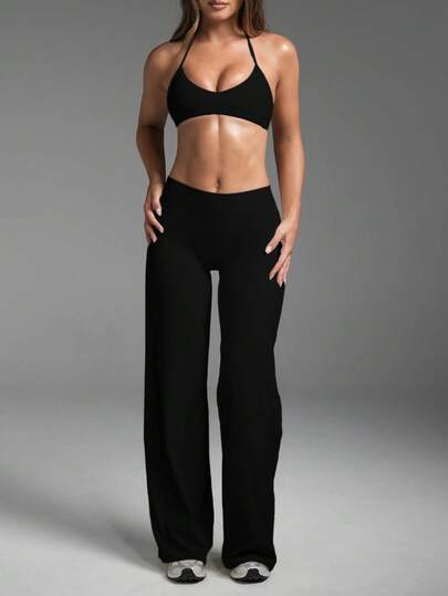 Women's Commuting Sports Elegant Modern Workplace Solid Color Slim Fit Flare Pants Black Spring