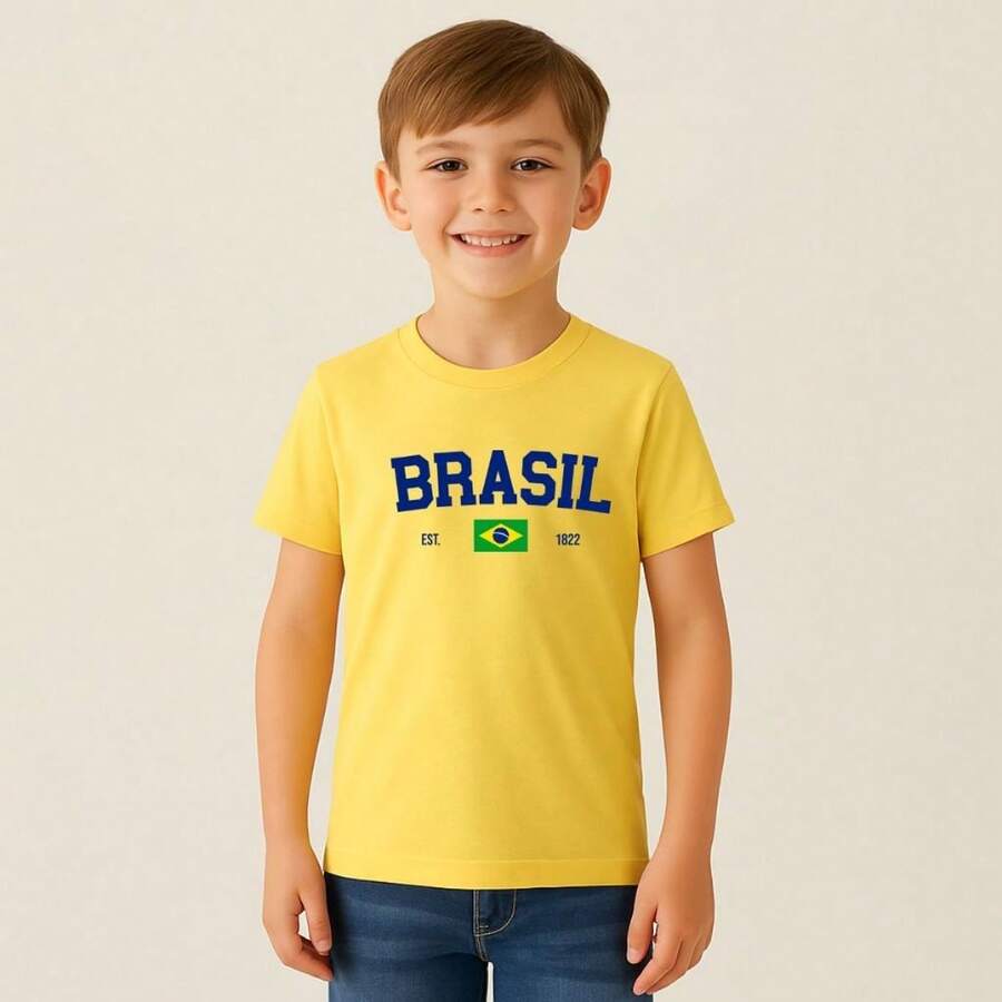 Camiseta Infantil Unissex Brasil Time Torcida Moda Casual Verão Dia a Dia Bandeira - Amarelo - Visão 1