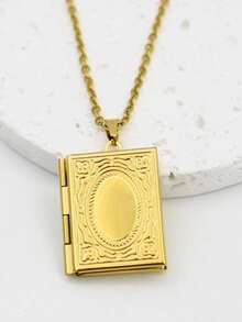 1pc Stainless Steel Square Book-Shaped Photo Locket Pendant Necklace For Men & Women