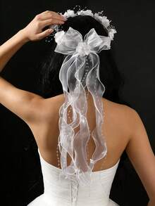 1pc Elegant Floral Wreath With Bow Ribbon Bridal Hair Accessory, Suitable For Wedding - White - View 6