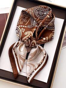 1条70*70厘米方形真丝围巾，女士缎面印花头巾，颈巾，发带，时尚女士披肩，围巾 - 棕色腰果 - 查看 5