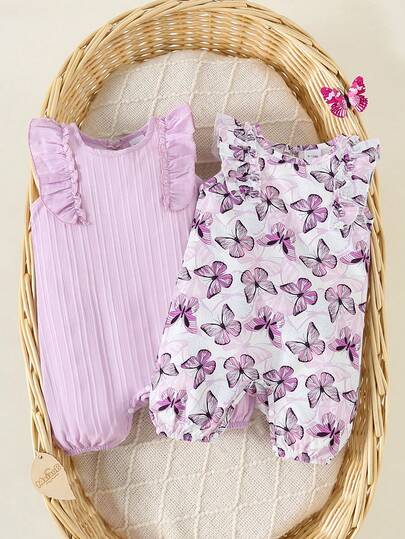 2pcs/Set Baby Girls' Solid Color Minimalist Cute Romper & Butterfly Print Ruffle Trim Comfortable Adorable Scoop Neck Romper Set, Summer