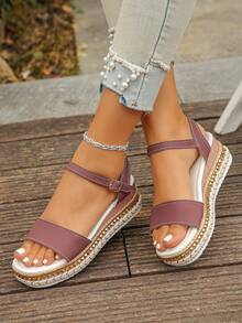 Sandalias de plataforma y cuña con decoración de remaches para mujer, color burdeos, adecuadas para vacaciones y uso diario en verano - Burdeos - Ver 4