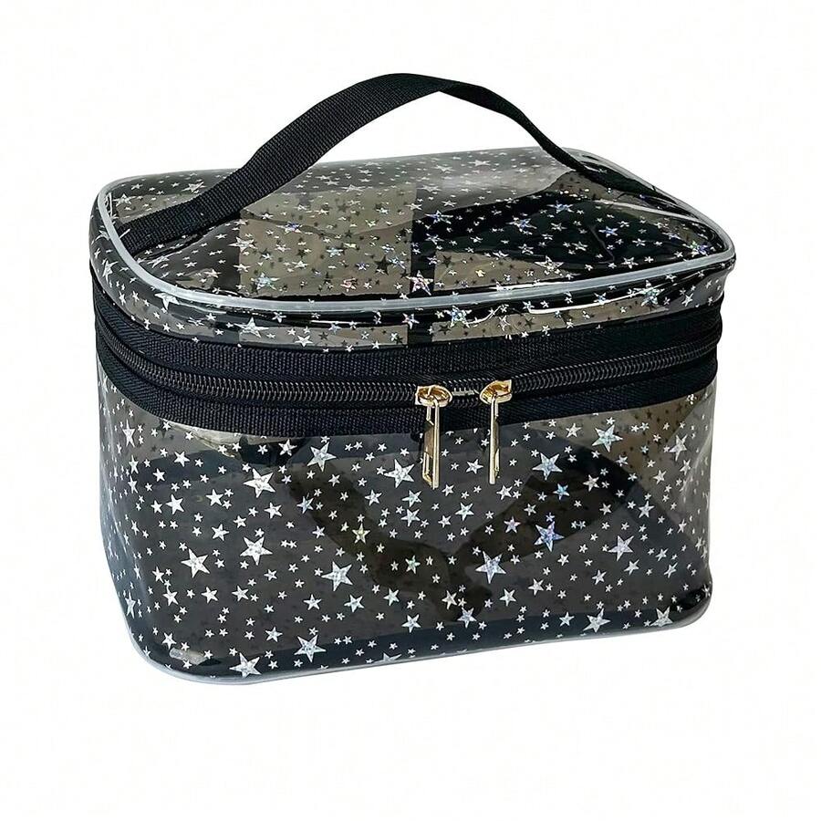 Star Print Black PVC Makeup Bag With Handle - 8.66 * 5.51 * 5.51 Inch,Clear Storage Bag Toiletry Pocket Portable Zippered Pouch Waterproof Cosmetic Organizer Bags For Women(Black-L) - 黑-l - 查看 1