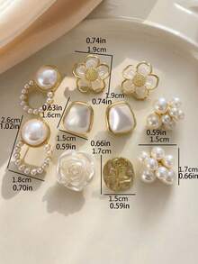 5对复古方形花朵仿珍珠耳钉，甜美小众简约百搭耳环套装 - 彩色 - 查看 5