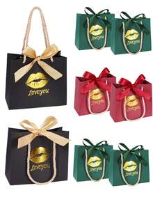 10个/1个/情人节带提手礼品袋，尺寸5.5 x 2.4 x 4.7英寸，唇形LOVE黑色迷你礼品袋，带蝴蝶结丝带，小型派对礼品袋，批量供应，适用于复活节、母亲节、情人节、送礼、婚礼等场合。 - 墨綠色-嘴唇款[手提] - 查看 2