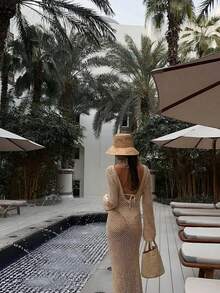 2-In-1 Styling: Hollow Out Long Sleeve Extra Long Cruise Cover Up & Solid U-Neck Flare Knit Dress; Sexy European Style Crochet Bikini Beach Outfit, Suitable For Spring, Summer, Autumn And Winter - Khaki - View 7