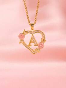 1pc Heart Flower Letter Necklace, Personalized Heart Flower 26 Letter Pendant Necklace, Birthday Gift