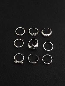 9pcs Vintage Distressed Metal Star Rings Set, Sweet & Cool Minimalist Style Letter & Bow Decor For Women - Grey - View 6