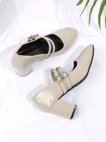 2026 Spring/Summer Elegant Glossy Apricot Square Toe Thick High Heel Double Buckle Patent Leather Mary Jane Pumps, Suitable For Valentine's Day, Graduation Season, Ramadan, Commuting, Dating, Shopping, Parties, Afternoon Tea, Hangouts, Everyday Wear, Campus, Travel, Photography - Apricot - View 5
