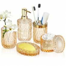 Gold Bathroom Accessories Set, 5 Pcs Glass Bathroom Accessories With Lotion Soap Dispenser, Soap Dish, Toothbrush Holder, Tumbler, Cotton Swab Jars, Perfect For Bathroom Theme Gift Bathroom Organizer Storage Back To School - 金色 - 查看 11