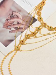 1pc Vintage Hollow Carved Metal Disc Long Chain Headpiece, Women Wedding/Formal Event Accessory