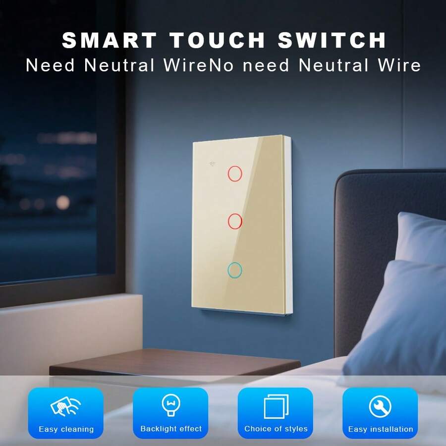 مفتاح إضاءة ذكي بتقنية واي فاي بلمسة - لا يتطلب سلك محايد، يعمل مع أليكسا وتطبيق توييا، تحكم صوتي وعن بعد، وظيفة المؤقت والمجموعة، لوحة زجاجية مقسى مع إضاءة خلفية، سهل التركيب/ذهبي - الذهبي - مشاهدة 1