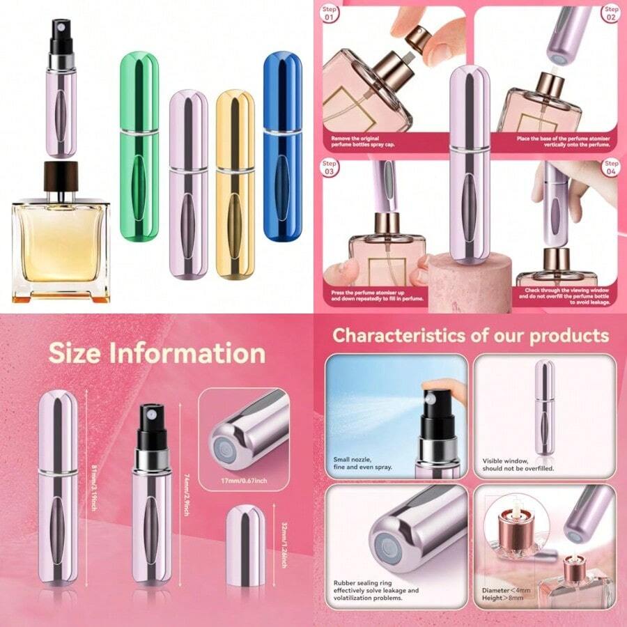 2026 Portable Dispensing BottleRefillable Perfume Portable Atomizer Bottle Refillable Perfume Spray Travel Perfume 5ml 4 Pack (GrePinkGoldRoyal Blue) - như hình ảnh - Xem 1