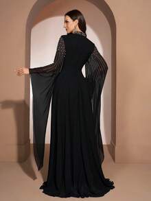 YISIKADO Women's Flowy Chiffon Evening Dress With Rhinestone Embellishment, High Neck Flare Sleeve Maxi Dress For Prom, Wedding Guest & Special Occasions Black - Black - View 3
