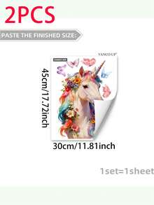 1/2/3片装彩色独角兽蝴蝶花卉创意窗贴，适用于卧室和客厅玻璃装饰 - 彩色 - 查看 7