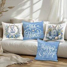4pcs Spring Easter Minimalist Blue Floral Cute Rabbit & Egg Pillow Cover Set, Single-Sided Printed Peach Velvet Polyester Material, 45*45CM Cushion Cover For Modern Fabric Sofa Indoor Decor, Party Decoration, Gift - Multicolor - View 9