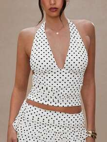 Women Polka Dot 2 Piece Skirt Outfits Sets Halter V-Neck Backless Top Ruffle Layered Mini Skirt Summer Y2k Outfits - trắng - Xem 3